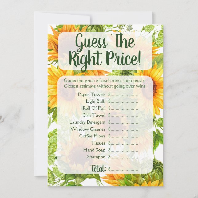 Sunflowers Guess The Price Bridal Shower Game Invitation (Front)