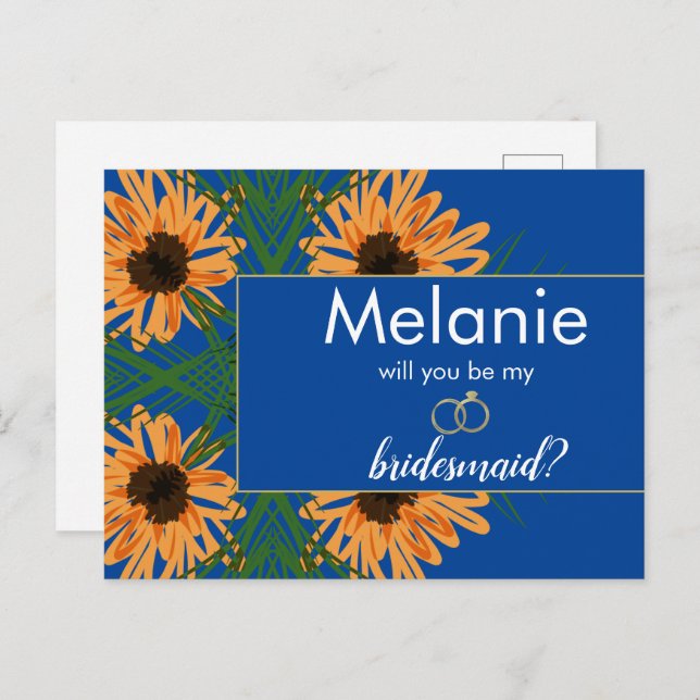 Sunflowers Hand Drawn Blue Bridesmaid Proposal   Holiday Postcard (Front/Back)