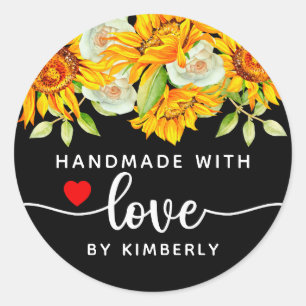 Sunflowers Handmade with Love Black Classic Round Sticker