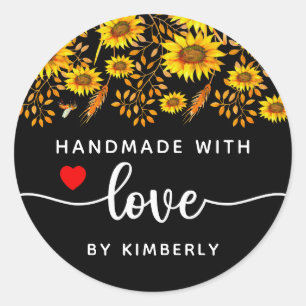 Sunflowers Handmade with Love Black Classic Round Sticker