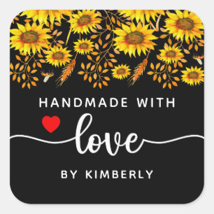 Sunflowers Handmade with Love Black Square Sticker