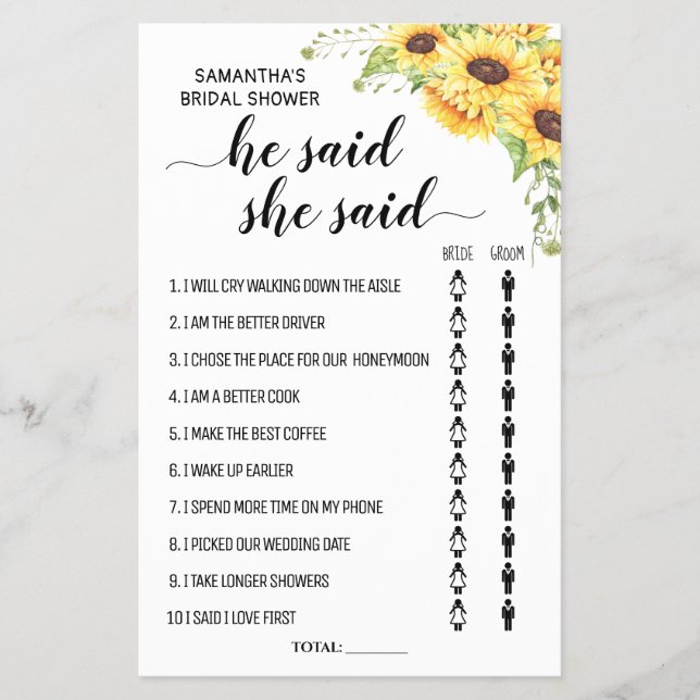 Sunflowers He Said She Said Shower Game Card (Front)