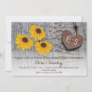 Sunflowers, heart on wood engagement party wedding invitation