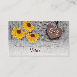 Sunflowers & heart on wood wedding place card