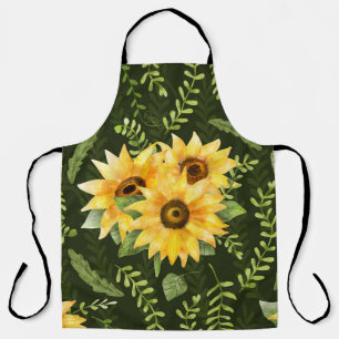 Sunflowers Herbs Leaves Watercolor Pattern Apron