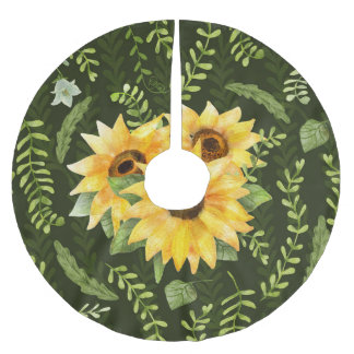 Sunflowers Herbs Leaves Watercolor Pattern Brushed Polyester Tree Skirt