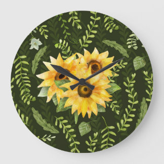 Sunflowers Herbs Leaves Watercolor Pattern Large Clock