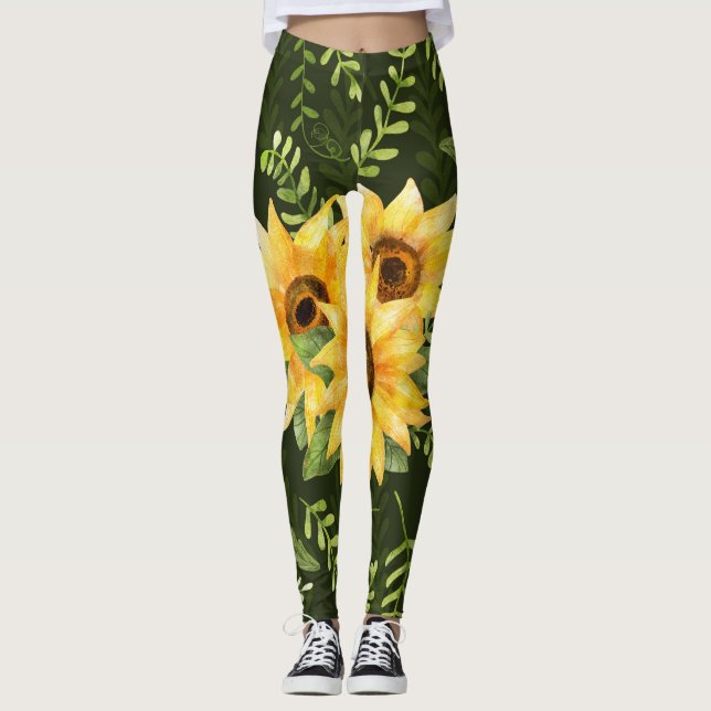 Sunflowers Herbs Leaves Watercolor Pattern Leggings (Front)