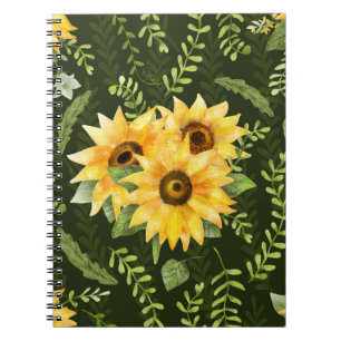 Sunflowers Herbs Leaves Watercolor Pattern Notebook