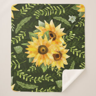 Sunflowers Herbs Leaves Watercolor Pattern Sherpa Blanket