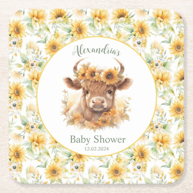 Sunflowers Highland Cow Baby Shower Paper Coaster (Front)
