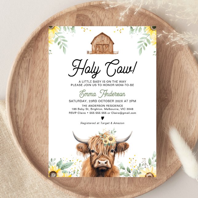 Sunflowers Highland Cow Holy Cow Baby Shower Invitation (Holy Cow Baby Shower Invitation, Gender Neutral Baby Shower Invite, Highland Cow, Yellow Sunflowers )