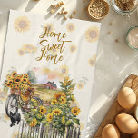 Sunflowers Homestead Farmhouse Scene Tea Towel<br><div class="desc">Farmhouse scene, kitchen towels with sunflowers and "home sweet home" text. A happy scene consists of a picket fence, bicycle and black cats with a barn in the distance. Yellow sunflowers are everywhere - growing behind the fence, stuffed into the bike basket, and make a pattern all over the towel...</div>