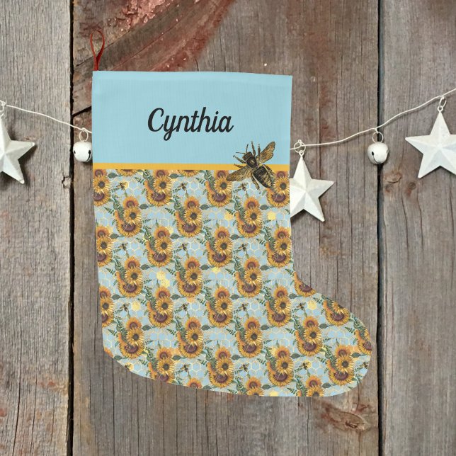 Sunflowers Honeycomb and Bees Turquoise and Gold Large Christmas Stocking (Creator Uploaded)