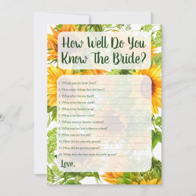 Sunflowers How Well Do You Know The Bride Game Invitation (Front)