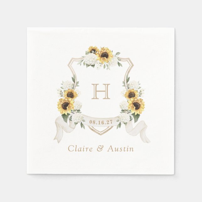 Sunflowers Hydrangea Crest Wedding Monogram Napkin (Front)