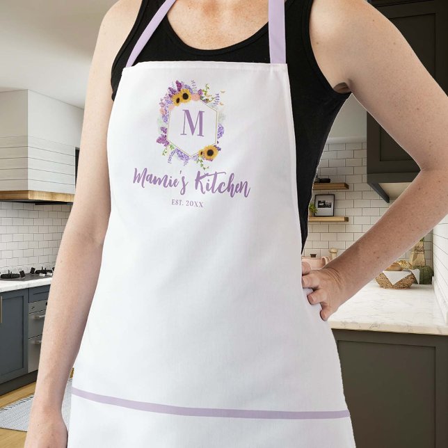 Sunflowers Hydrangea White Purple Lilac Monogram Apron (hostess mom grandma apron personalized custom thanksgiving christmas gift monogram sunflowers lilac)