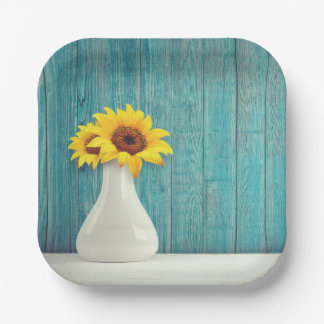 Sunflowers in a vase      paper plate