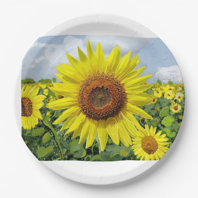 Sunflowers in Abundance digital art print Postcard Paper Plate (Front)
