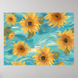 Sunflowers In Blue Poster