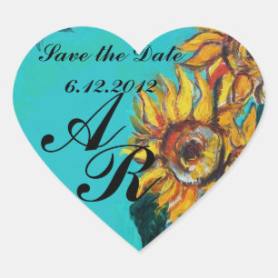 SUNFLOWERS IN BLUE TEAL Save Date Heart Monogram Sticker