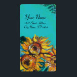 SUNFLOWERS IN BLUE TURQUOISE ,SUMMER PARTY<br><div class="desc">Sunflowers and green leaves in yellow and turquoise blue colours.Colourful and expressive acrylic painting on canvas by Bulgan Lumini (c)</div>