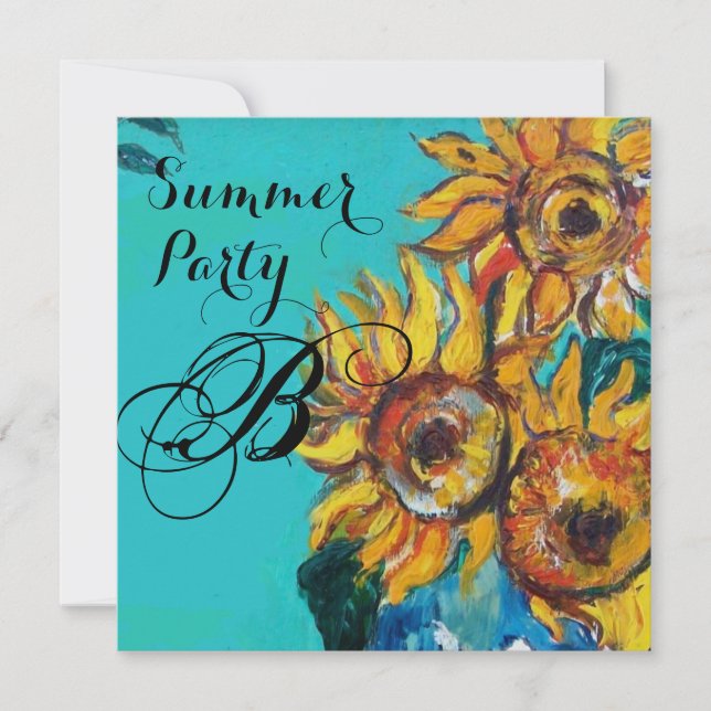 SUNFLOWERS IN BLUE TURQUOISE SUMMER PARTY MONOGRAM INVITATION (Front)