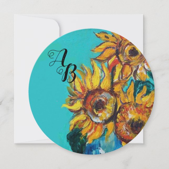 SUNFLOWERS IN BLUE TURQUOISE SUMMER PARTY MONOGRAM INVITATION (Front)