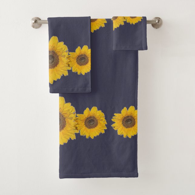 Sunflowers in dark blue bath towel set (Insitu)