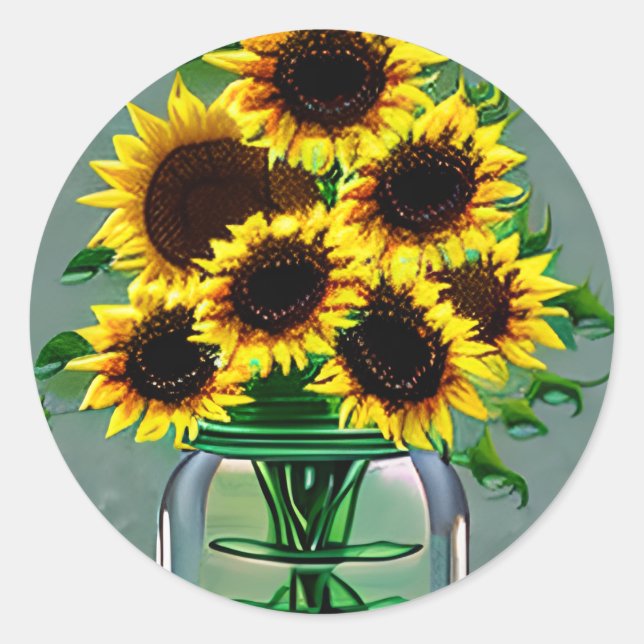 Sunflowers in Glass Jar Art Classic Round Sticker (Front)