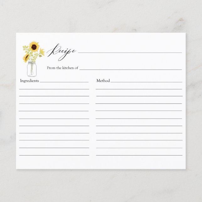 Sunflowers in Mason Jar Bridal Shower Recipe card (Front)