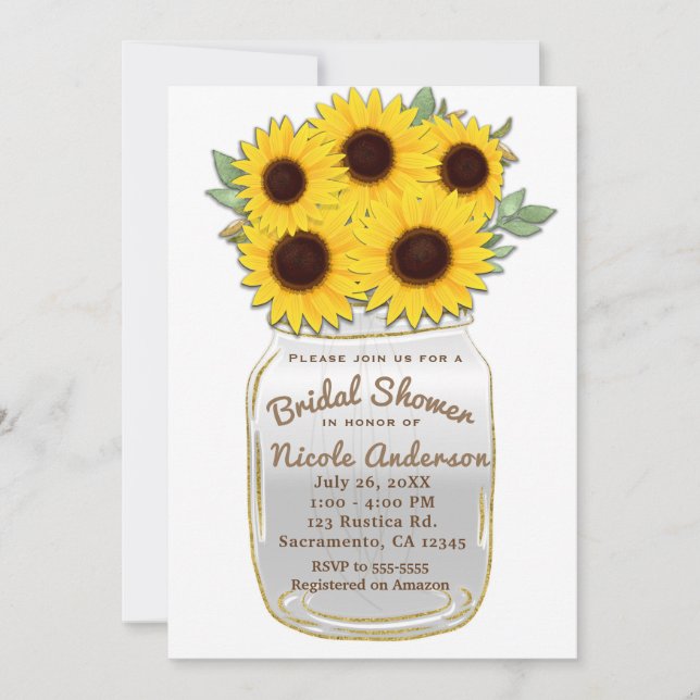 Sunflowers in Mason Jar Rustic Chic Bridal Shower Invitation (Front)