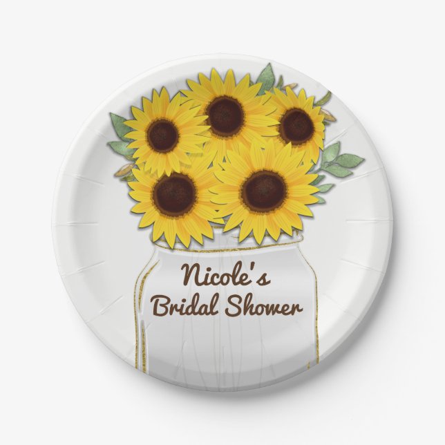 Sunflowers in Mason Jar Rustic Chic Bridal Shower Paper Plate (Front)