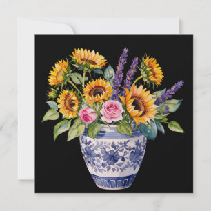 Sunflowers in the vase. Watercolours. Holiday Card