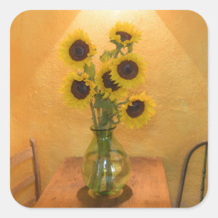 Sunflowers in vase on table 2 square sticker