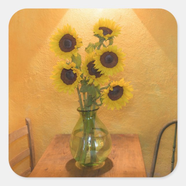 Sunflowers in vase on table 2 square sticker (Front)