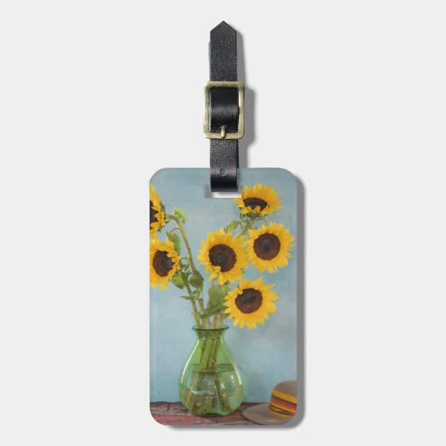 Sunflowers in vase on table luggage tag (Front Vertical)