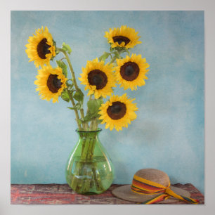 Sunflowers in vase on table poster