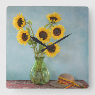 Sunflowers in vase on table square wall clock