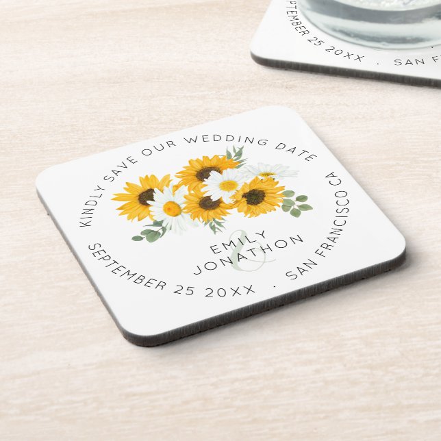 Sunflowers Keepsake Rustic Floral Save The Date Coaster (Left Side)