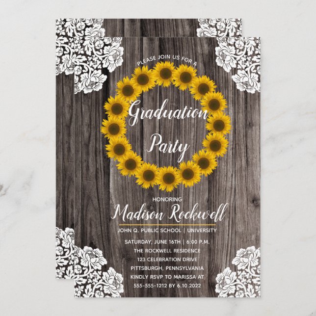 Sunflowers | Lace Photo Graduation Party Invitation (Front/Back)