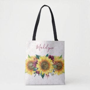 Sunflowers Lace Watercolor Burgundy Floral Tote Bag