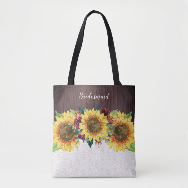 Sunflowers Lace Wood Burgundy Flowers Bridesmaid Tote Bag (Front)