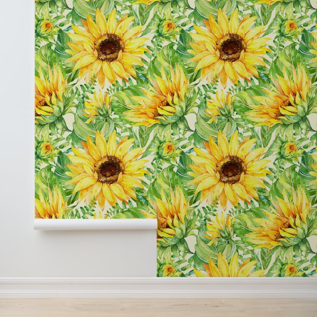 Sunflowers Large Floral on Cream  Wallpaper (Application)