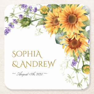 Sunflowers & Lavander Wedding Square Paper Coaster