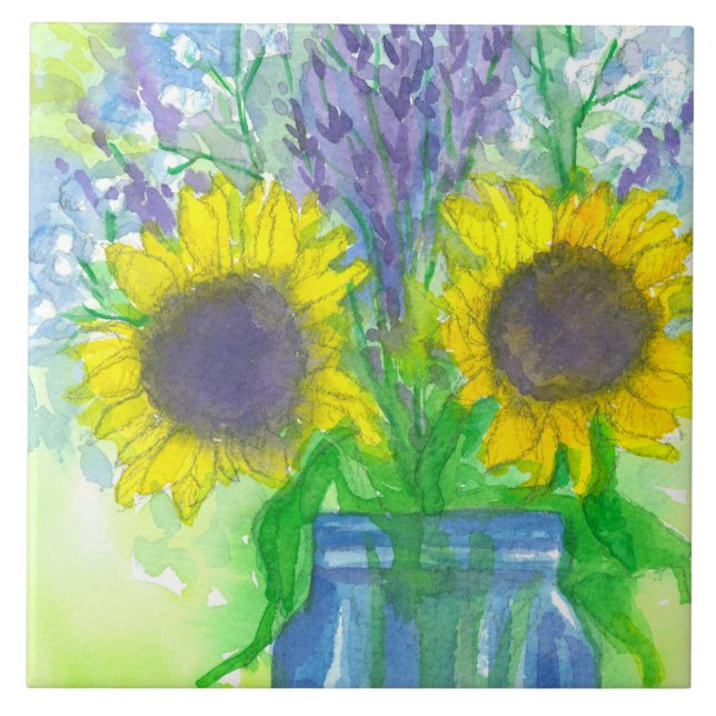 Sunflowers Lavender Baby's Breath Bouquet Tile (Front)