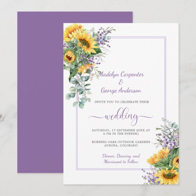 Sunflowers Lavender Eucalyptus Greenery Wedding In Invitation (Front/Back)