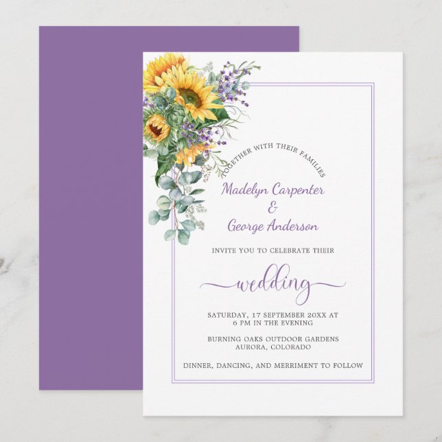 Sunflowers Lavender Eucalyptus Greenery Wedding Invitation (Front/Back)