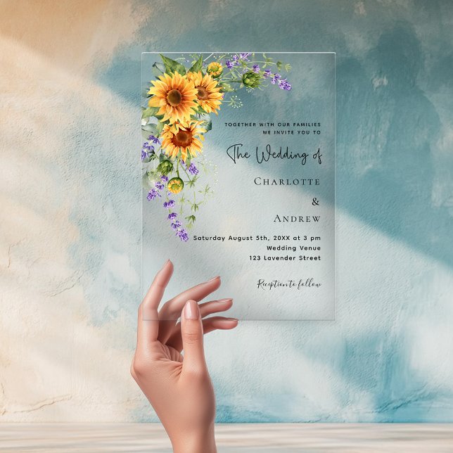 Sunflowers lavender florals clear wedding  acrylic invitations (Creator Uploaded)
