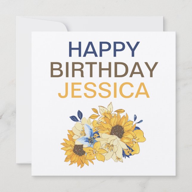 Sunflowers Leaves Bouquet Happy Birthday Name Card (Front)